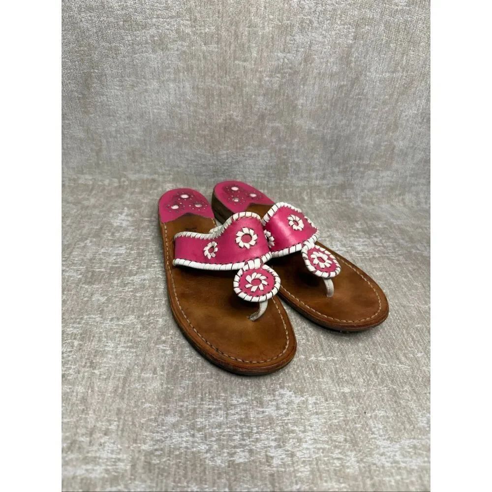 Jack Rogers Women's Navajo Leather Whipstitch Thong Sandals Pink White Size 8.5